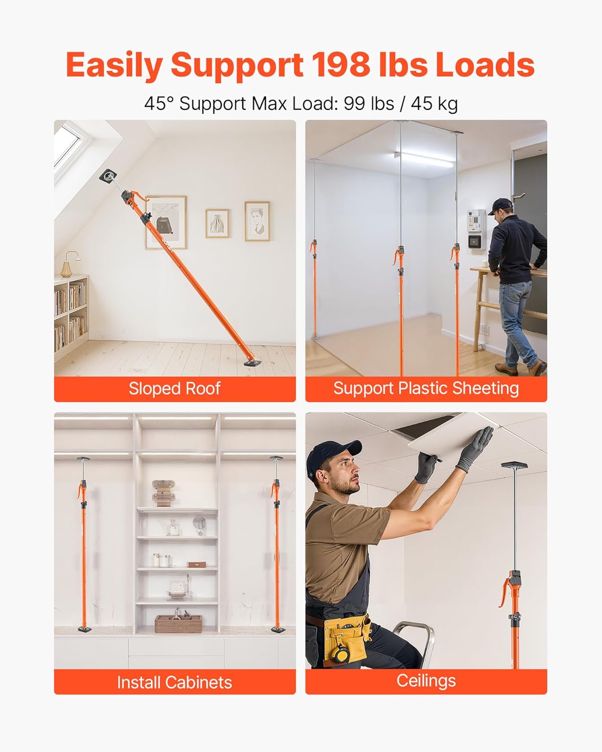 VEVOR Cabinet Jack Support Pole, 4-Pack, 49.2-114.6 Inch Steel Telescopic Quick Support Rod, Adjustable 3rd Hand System up to 198 lbs Capacity for Installing Cabinets, Lifting Drywall, Cargo Bars